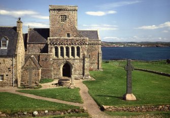 Iona, Iona Abbey.
View of west door with St John's and St Martin's Crosses.