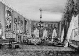 Invercauld House, interior.
Photographic copy of watercolour of drawing room.
Size: frame 650mm by 820mm, image 360mm by 520mm.
NMRS Survey of Private Collections, Invercauld House.