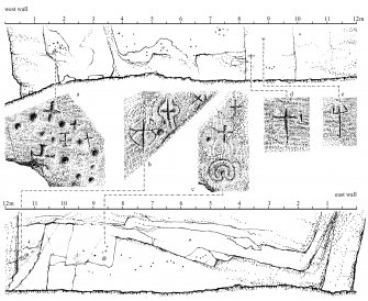 Scoor, Mull. Detail of linear crosses, trident symbols, horse-shoes and cup marks carved on walls of cave. AGD 705/1 (Fig. 198).