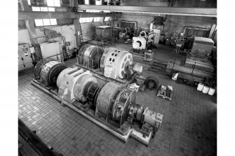 Elevated interior view (from North North East) of fan house, No.1 fan engine Mather & Platt 1040bhp, 750rpm, 6600v; No.2 fan engine Electric Construction Co Ltd 850hp; 750rpm, 6600v, Seafield Colliery