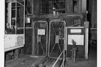 No.2 shaft - detail of gates at top of shaft - gates in closed position awaiting arrival of cage, Seafield Colliery