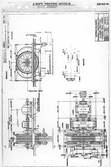 No.2 winder - photographic copy of general arrangement drawing of 4-rope friction winder, drawing dated 1983, Seafield Colliery