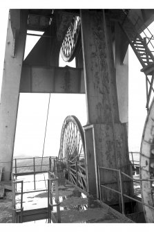 View of winding gear on top of No. 3 shaft headframe, Barony Colliery