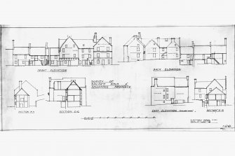 Photographic reproduction of an original drawing showing Elevations: front and back; EAst elevation and sections (also adjoining cottages), Sailor's Walk, Kirkcaldy
(Print, 1":8')