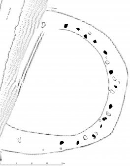 Publication drawing; Plan of the Girdlestanes stone circle, indicating edge of river bank.