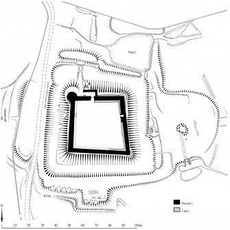 Publication drawing; Plan of Auchen Castle and earthworks, indicating construction phases.
