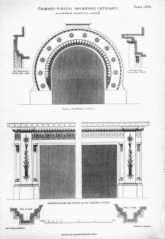 Photographic copy of drawing from Villa and Cottage Architecture showing designs for the chimney-pieces in the hall, drawing room and dining room.
Insc. 'Chimney-pieces: Holmwood, Cathcart. A&G Thomson, Architects, Glasgow. Plate LXXX. WA Beever Engraver. Blackie & Son, Glasgow, Edinburgh & London.'