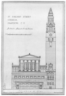 Photographic copy of a drawing insc. 'St Vincent Street Church. Glasgow. G2. Elevation to Lane. Architect - Alexander (Greek) Thomson. Measured & Drawn by AL Watson 1940. Traced by EC & E McL.'