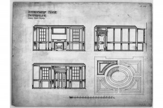 Elevations of wood panelling and plan of ceiling at Pittencrieff House, Dunfermline.
