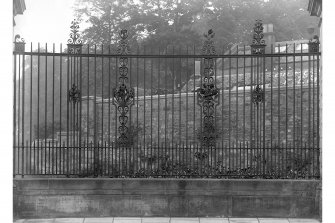 View of railing designed by Jamieson & Arnott made by Thomas Hadden, known as Louise Carnegie Memorial Gate, at Pittencrieff Park, Dumfermline.