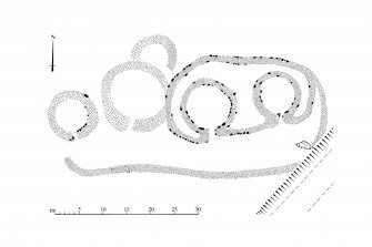 Publication drawing; Alyth burn, hut circles in south group (A-E)