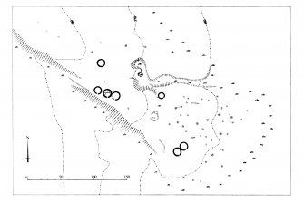 Publication drawing; Loch Charles, cairnfield, hut-circles. Scanned image.