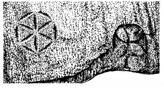 Publication drawing; Eilean Mor, carved stones (1) and (2). Hexafoil and Chi-rho symbol incised onto cave wall.