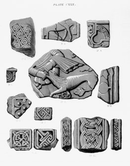 Crosses and sculptured stones (Drainie nos 2, 3, 4, 5, 6, 7, 8, 9, 10 and 16) from J Stuart, The Sculptured Stones of Scotland, i, pl. 130.	