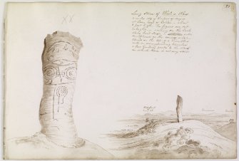 Annotated drawing of stone from album, page 21. One is a close up of the stone showing symbols, the other shows stone set in the landscape. Photographic copy made 1977. In print room.