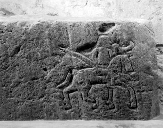 Dunkeld, Dunkeld Cathedral, Pictish Symbol Stone.
Detail of incised horseman.