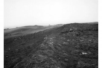 View of turf and stone bank on earlier rampart on N side of fort, also Cheveaux de frise from NW side of fort