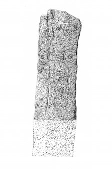 Publication drawing; Keillor Pictish symbol stone standing on a burial-cairn adjacent to the public road