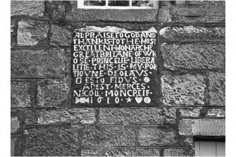 Detail of plaque dated 1610 at Moncrief House, High Street, Falkland