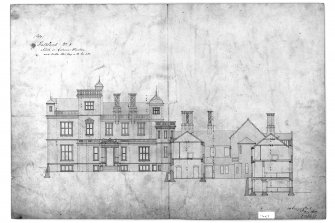Photographic copy of North or Entrance elevation and section through wing with dimensions. Insc: '131 George Street, 9.5.1839'
Ink
