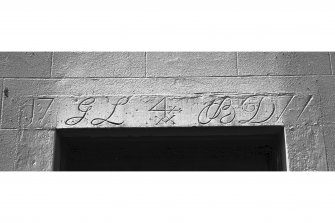 Detail of lintel, insc: '17 GL BD 71', The Saddlers, High Street, Falkland.