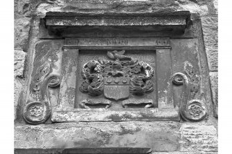 View of sculptured armorial panel dated 1712, Brunton House, Brunton Street, Falkland.