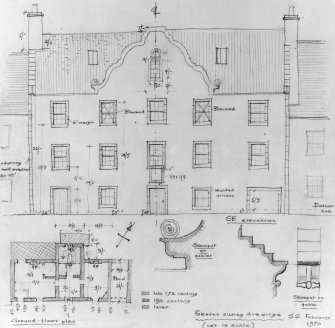 Sketch survey drawings (not to scale but with some dimensions).  Ground floor plan; elevation showing fenestration and door; skewputs; mouldings.