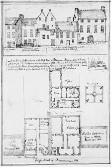 MEMORABILIA, JOn. SIME EDINr. 1840.  
Photographic copy of ink plan and elevation drawings.
Titled: 'High Street of Pittenweem 1829.'
Insc. 'South Front of Old Twin Houses in the High Street of Pittenweem, Fifeshire - opposite head of ye Water Wynd-The Eastern most one was removed in 1829 -Formerly belonged to the Gibleston Family and in front of it, Charles II was publicly entertained by ye citizens in his progress thro' Fife AD 16. See an account of  ye Event in ye first Statistical Accot of ye Parish by ye late Dr Nairn - John Sime, 1827.'
