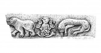 Drawing of face of sculptured stone. Publication drawing.