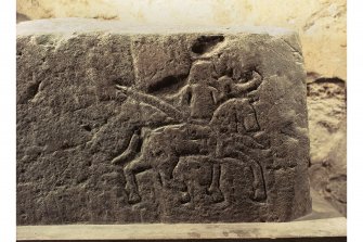 Dunkeld, Dunkeld Cathedral, Pictish Symbol Stone.
Detail of incised horseman.