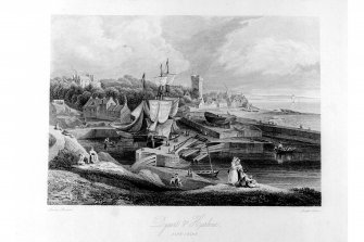 Dysart Harbour.
Photographic copy of engraving. General view of harbour, including St Serf's Kirk, The Shore and ships. Insc: 'Dysart and Harbour. Fifeshire'