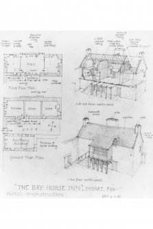 Sketch reconstruction of The Bay-Horse Inn: first floor plan; ground floor plan; cut out from North West; view from North West.
In the record sheet, it is noted that 'The sketch reconstruction does not indicate the windows in the North wall of the ground floor apartment nor the cantilevered joists supporting the timber gallery. These features were recorded on a later visit, 28th November 1969'.