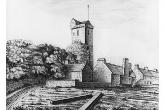Sketched view from South West of St Serf's Church. Includes The Shore.
Insc: 'Fifeshire. Old Church, at Dysart, Sketched & Drawn by Alexander Archer, 17 Sept. 1838'.