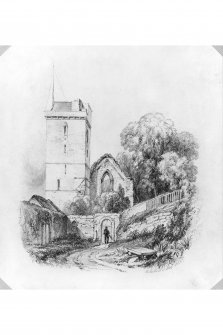 Pencil drawing of St. Serf's Church from North East. Insc: 'Tower at Dysart.'