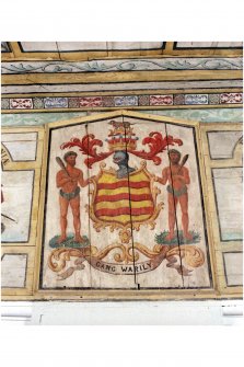Interior. Detail of painted armorial panel in chapel.