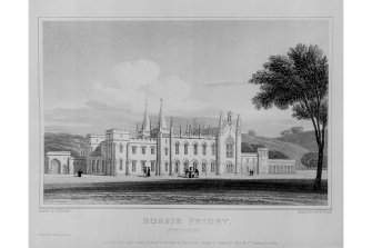 Photographic copy of etching of view of Rossie Priory, copied from 'Views in Scotland'.