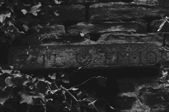 Detail of inscribed dovecot lintel.
Insc: '17.IL (loveheart) EM.10'.