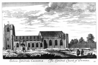 Dunkeld, Dunkeld Cathedral.
View of Dunkeld Cathedral from South copied from 'Theatrum Scotiae' by John Slezer.
Titled: 'Ecclesia Cathedralis CALIDONIAE. The Cathedrall Church of DUNKELL. 25'