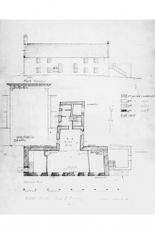 Ground plan; South elevation (showing building dates)