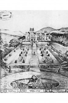 Photographic copy of Photocopy of drawing showing gardens and Castle in background
Designed by Edward White. Drawn by C E Mallows.