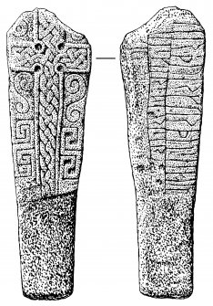 Cille-bharra, Barra. Cross-slab, rune inscribed rear face.
