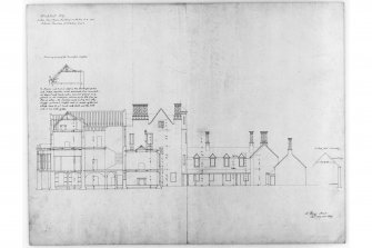 Section through main building and interior elevation of kitchen court.