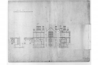 W elevation and section through kitchen court, with inset.