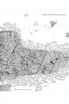 Drawing and suggested reconstruction of the early phase of rock carvings. Upper group.