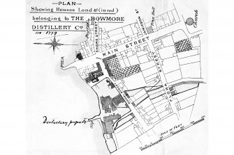 Bowmore Distillery.
Photographic copy of plan of land and property of Bowmore Distillery.
Titled: 'Plan showing houses, land and etc (in red) belonging to the Bowmore Distillery Company. Est. 1779'.
Ink. Scale: 
