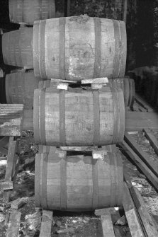 Ardbeg Distillery, Bonded Warehouse.
View of example of cask stacking or 'dunnage' ( American Barrels, 40 to 42 gals).