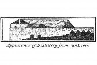 Distillery, Port Ellen.
Photographic copy of illustration of Port Ellen Distillery, vignette inset on A 57352 PO.
Titled: 'Appearance of Distillery from sunk rock'.
Ink.