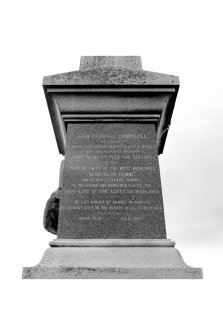 John Francis Campbell Monument, Bridgend, Islay.
View of South West face of monument, detail of inscription: 'John Francis Campbell of Islay. An eminent Celtic scholar, linguist, scientist, a traveller, a true patriotic highlander, loved alike by peer and peasant by his popular tales of the West Highlands "Leabhar na Feinne" and other literary works, he preserved and remembered classic the folk-lore of the Scottish Highlands. He lies buried at Cannes in France; his memeory lives in the hearts of his countrymen. Born 1821 - died 1885'.