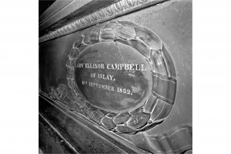 Campbell Tomb, Kilarrow and Kilmeny Parish Church, Bowmore, Islay.
Detail of inscription: 'Lady Elinor Campbell of Islay, 16th September, 1832'.