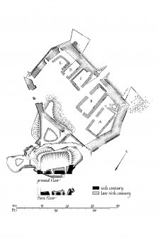 Dunyvaig Castle, Lagavulin Bay, Islay.
Copy of publication drawing of ground floor plan.
Ink. Scale 1:200